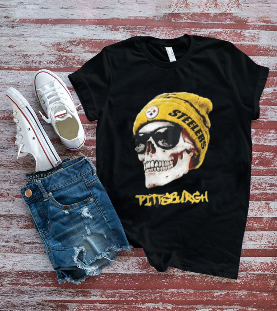 Pittsburgh Steelers Skull Yellow Beanie Sunglasses T-Shirt