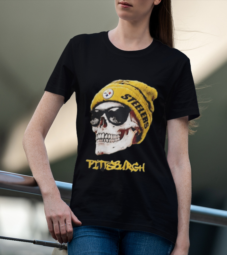 Pittsburgh Steelers Skull Yellow Beanie Sunglasses T-Shirt