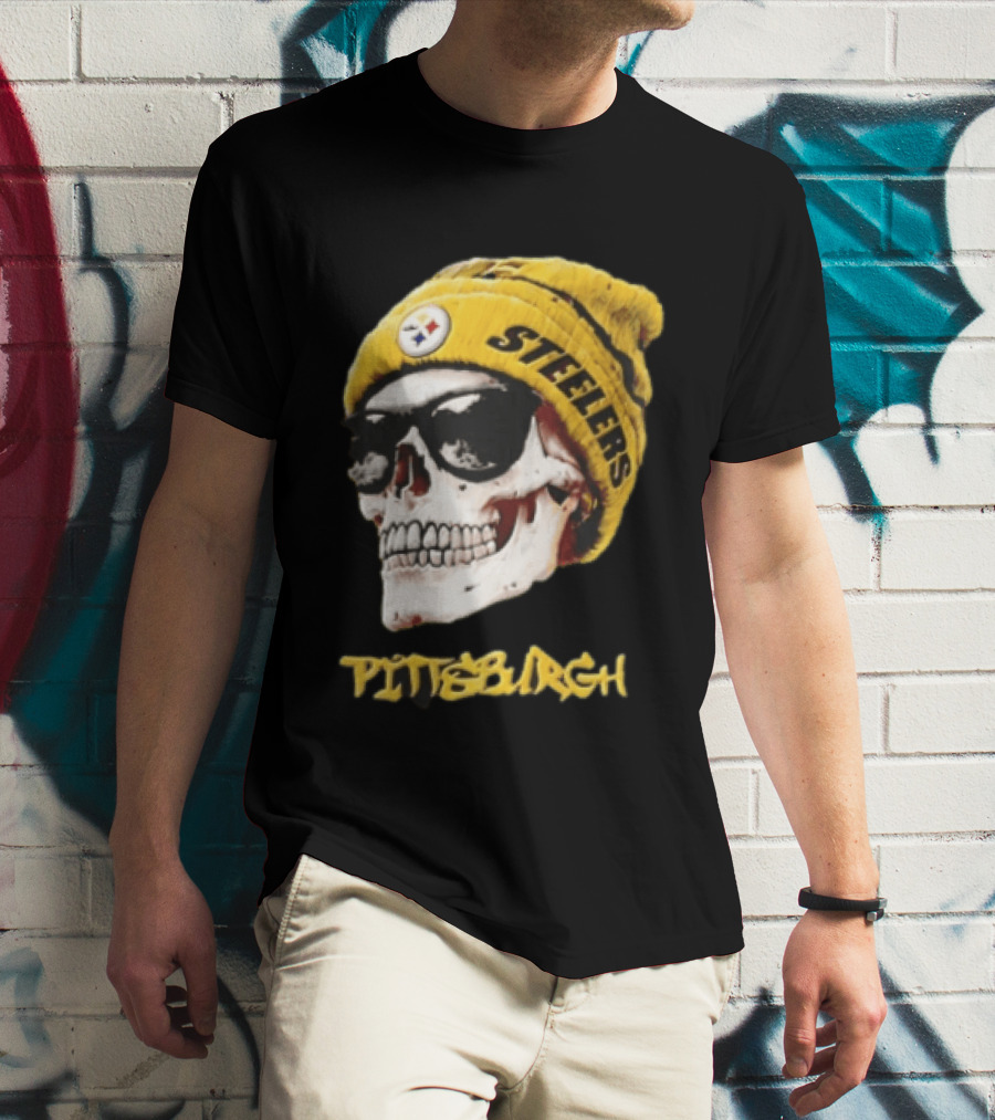 Pittsburgh Steelers Skull Yellow Beanie Sunglasses T-Shirt