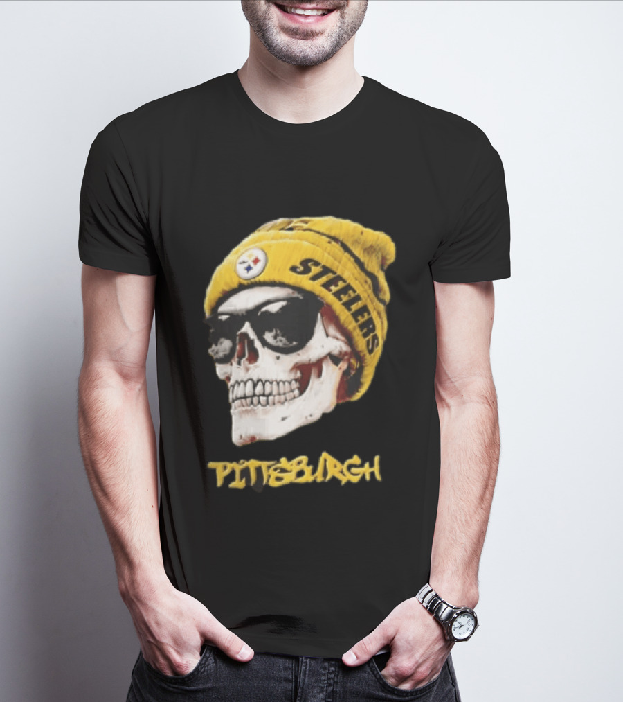 Pittsburgh Steelers Skull Yellow Beanie Sunglasses T-Shirt