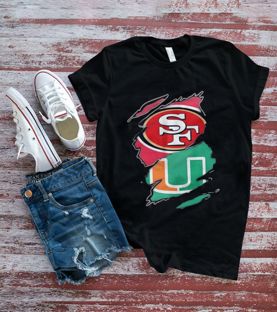 San Francisco 49ers SF And Miami Hurricanes U Distressed Logos T-Shirt