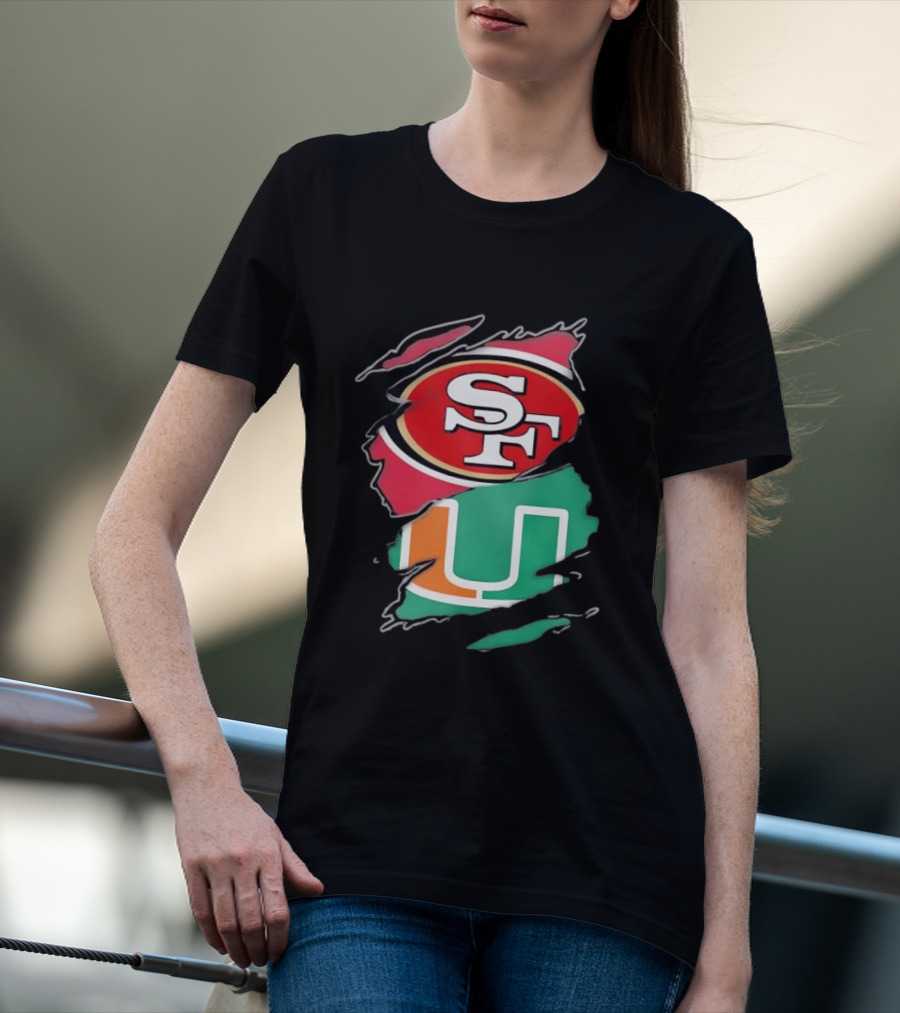 San Francisco 49ers SF And Miami Hurricanes U Distressed Logos T-Shirt
