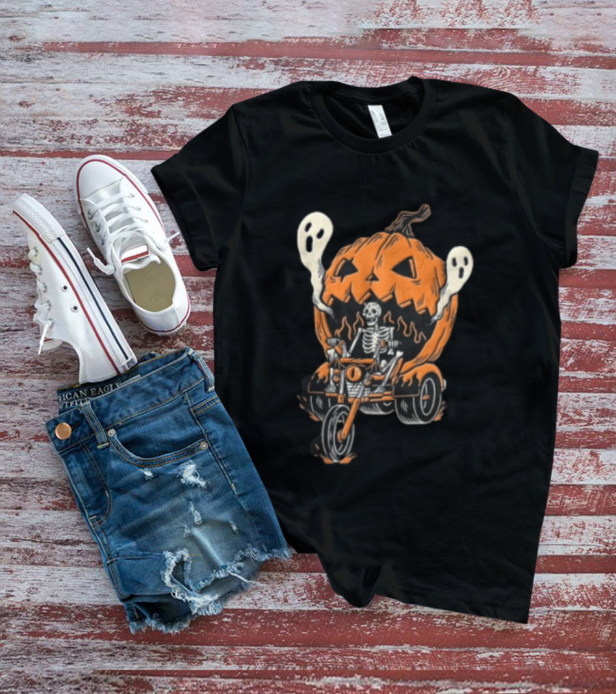 Skeleton Riding Tricycle Inside Giant Pumpkin With Ghosts Halloween T-Shirt
