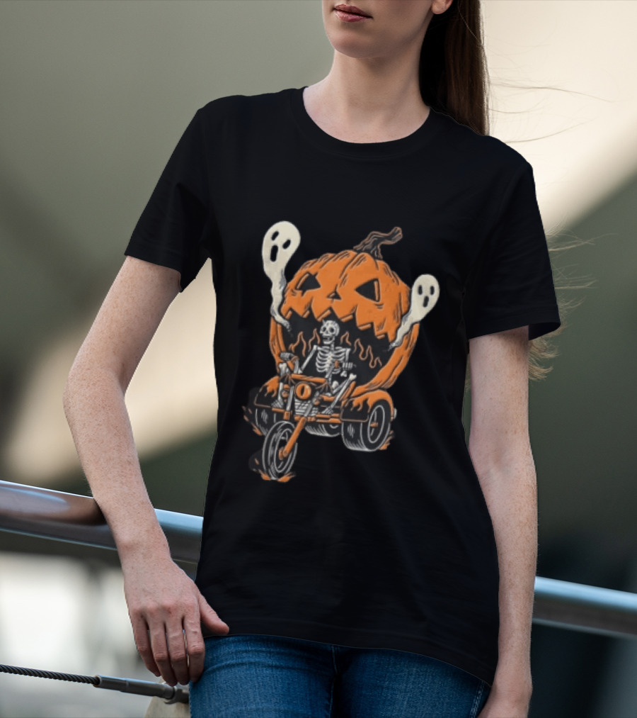 Skeleton Riding Tricycle Inside Giant Pumpkin With Ghosts Halloween T-Shirt