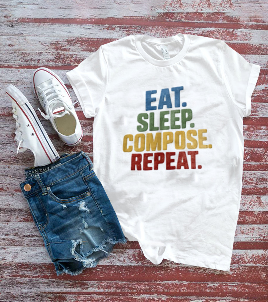 EAT Sleep Compose Repeat Distressed Block Multicolored T-Shirt