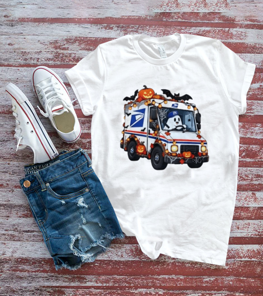 Halloween Ghost Driving USPS Mail Truck With Pumpkins And Bats T-Shirt