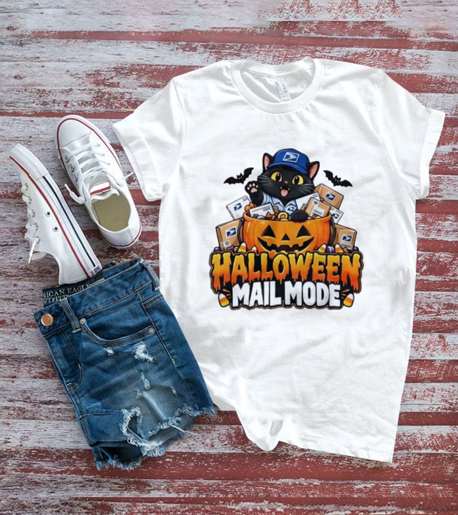 Halloween Mail Mode USPS Black Cat Pumpkin Postal Carrier T-Shirt