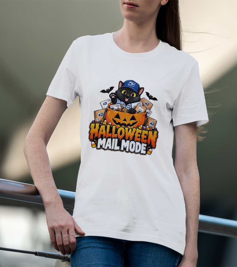 Halloween Mail Mode USPS Black Cat Pumpkin Postal Carrier T-Shirt
