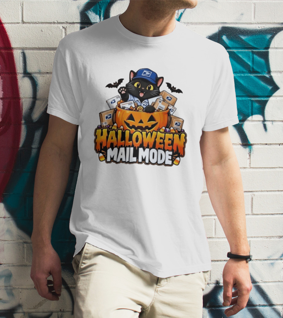 Halloween Mail Mode USPS Black Cat Pumpkin Postal Carrier T-Shirt