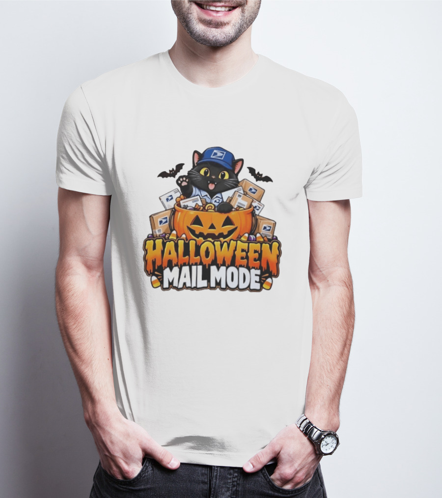 Halloween Mail Mode USPS Black Cat Pumpkin Postal Carrier T-Shirt