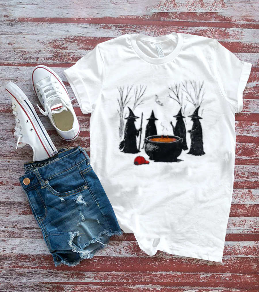 Witches Gathering Around Cauldron And Red Hat Halloween Scene T-Shirt