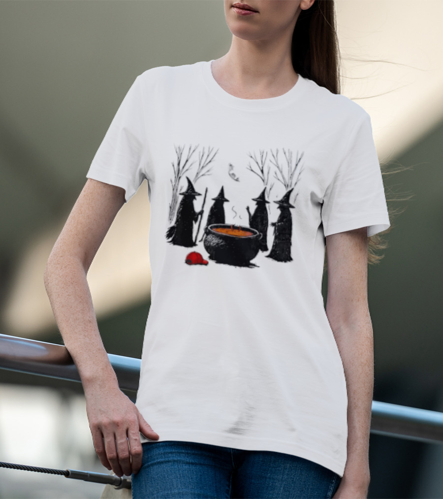 Witches Gathering Around Cauldron And Red Hat Halloween Scene T-Shirt