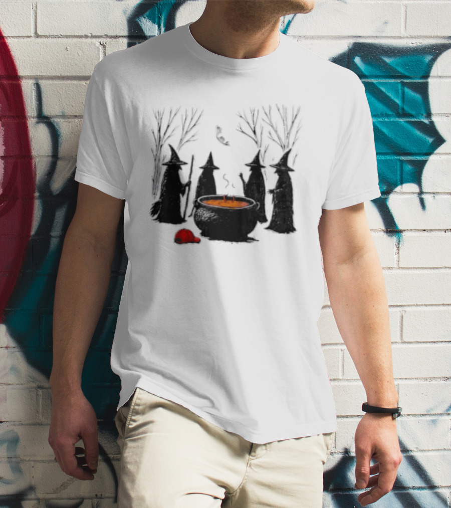 Witches Gathering Around Cauldron And Red Hat Halloween Scene T-Shirt