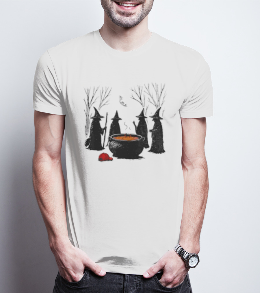 Witches Gathering Around Cauldron And Red Hat Halloween Scene T-Shirt