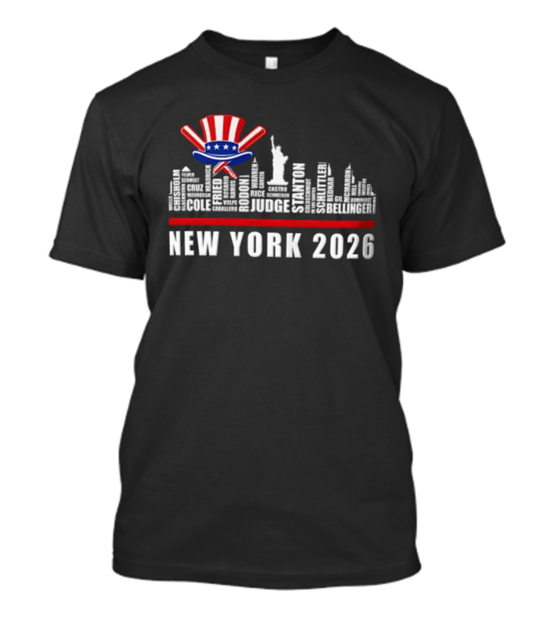 New York 2026 Yankees Baseball Skyline Statue Liberty Judge Rizzo Cabrera Torres T-Shirt