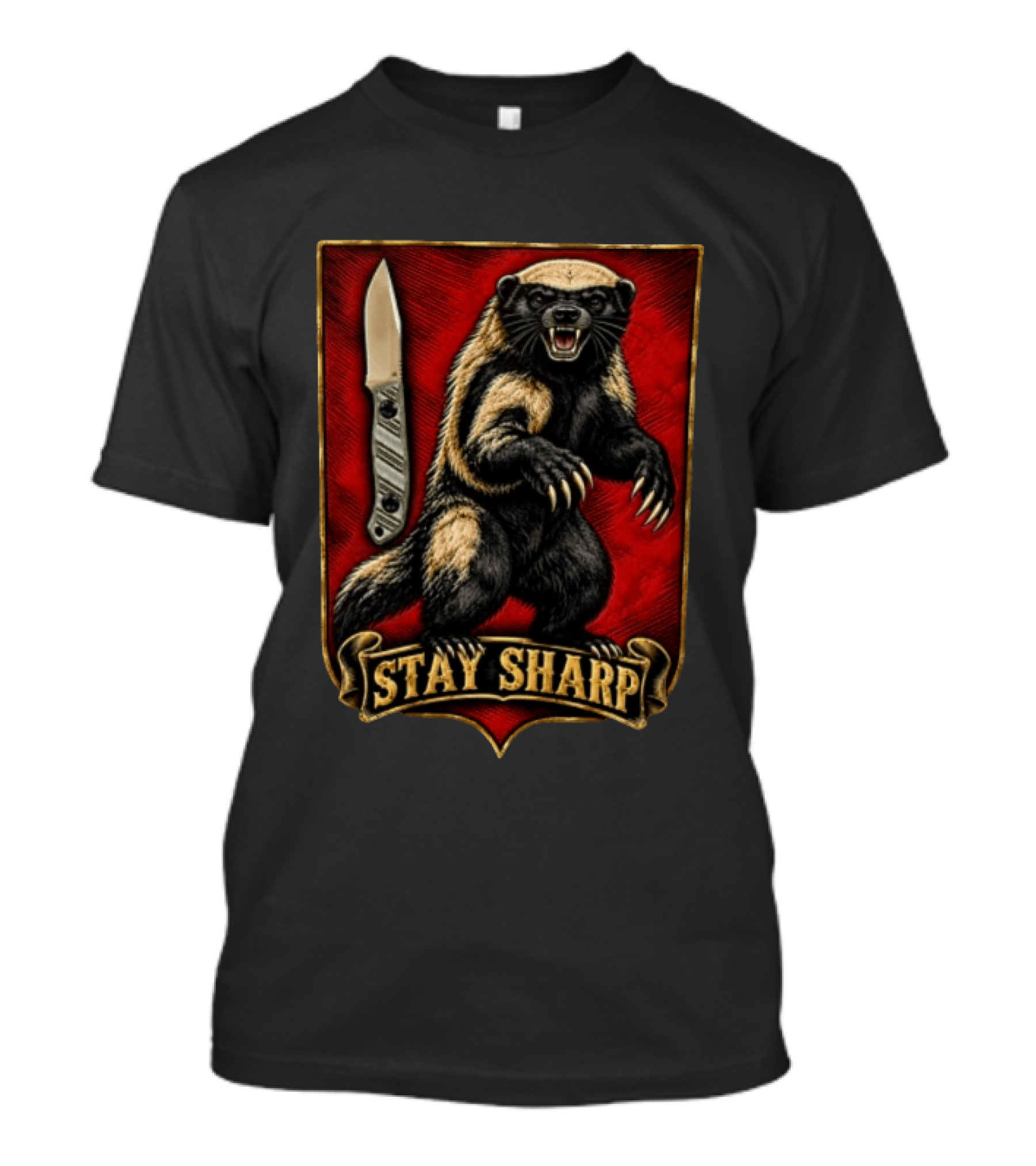 Stay Sharp Wolverine Knife Red Shield T-Shirt
