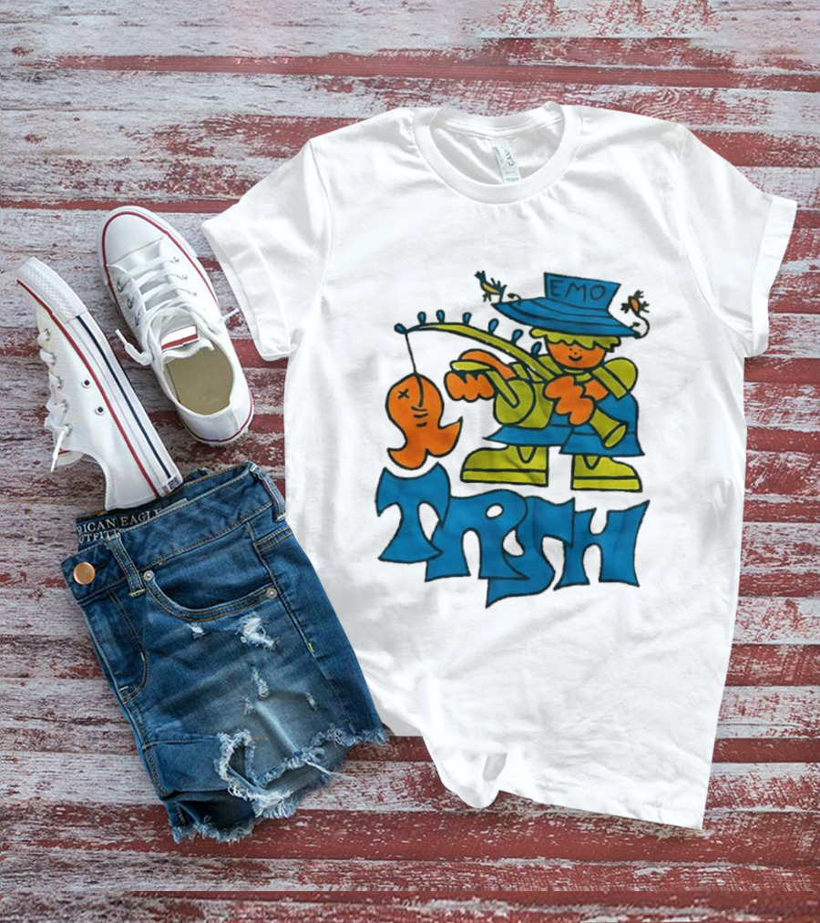 Emo Trsh Cartoon Fisherman Catching Orange Fish Wearing Blue And Green Outfit T-Shirt