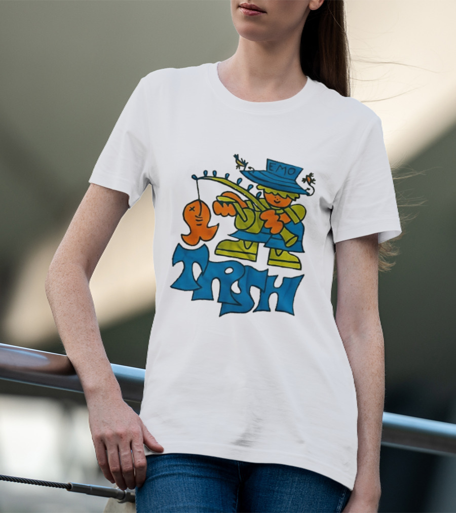 Emo Trsh Cartoon Fisherman Catching Orange Fish Wearing Blue And Green Outfit T-Shirt