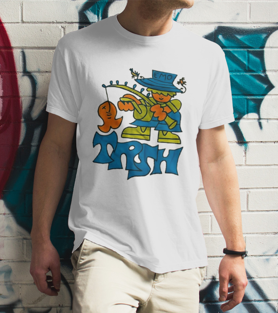 Emo Trsh Cartoon Fisherman Catching Orange Fish Wearing Blue And Green Outfit T-Shirt