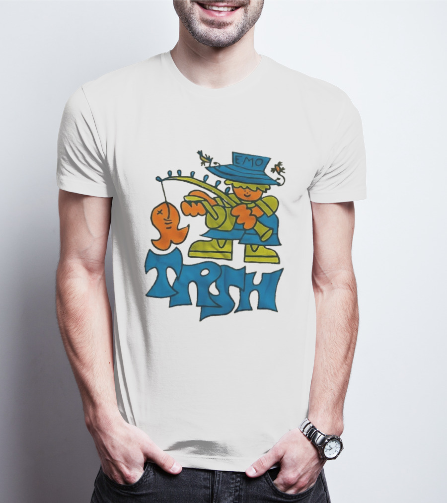 Emo Trsh Cartoon Fisherman Catching Orange Fish Wearing Blue And Green Outfit T-Shirt
