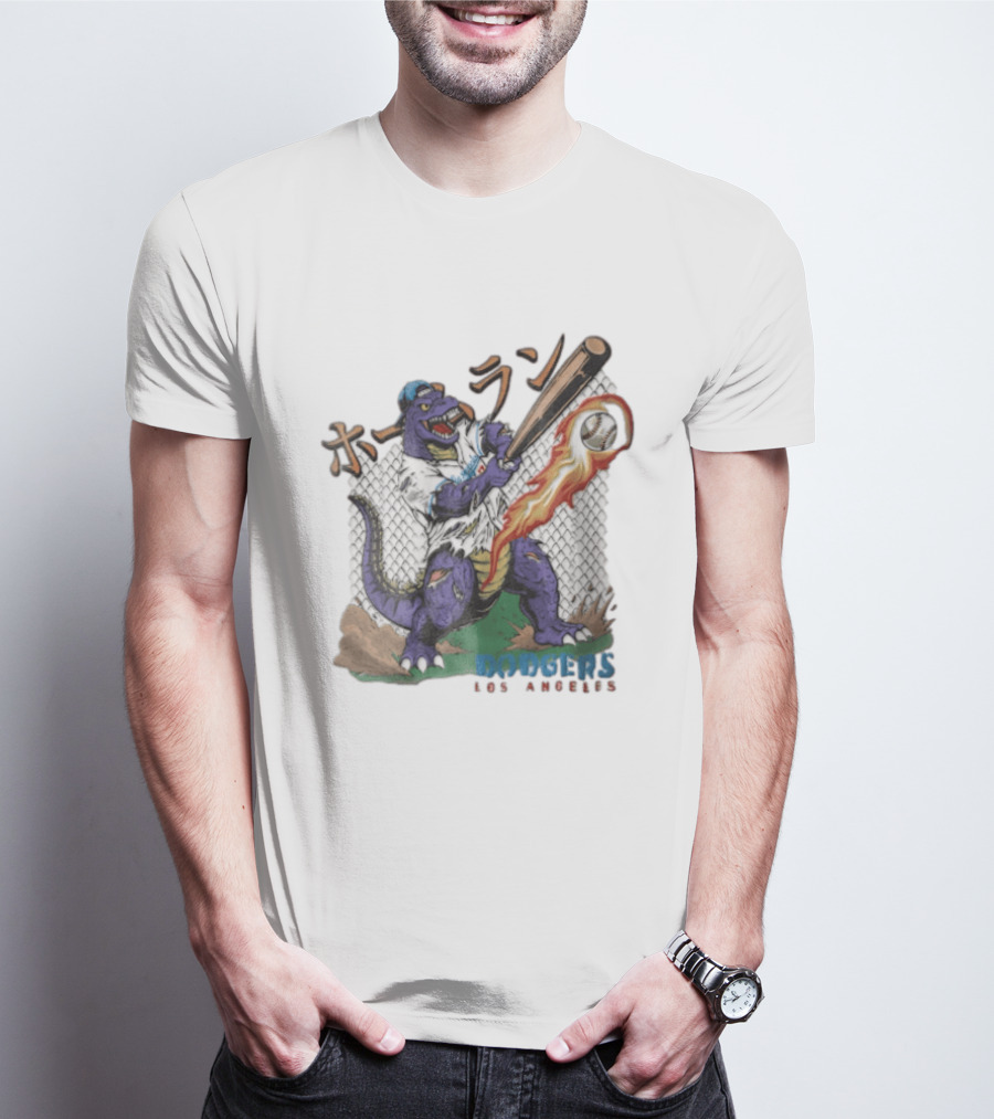 Dodgers Los Angeles Purple Dinosaur Baseball Player Batting With Flaming Ball T-Shirt