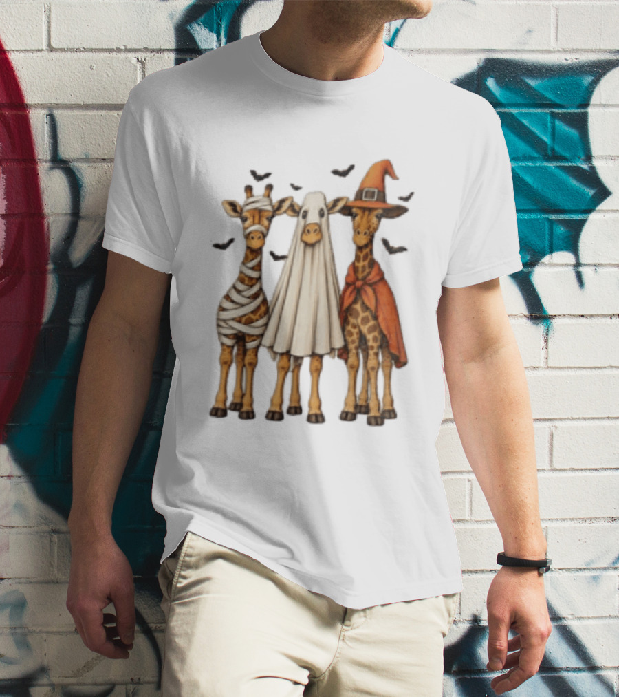 Giraffe Costume Halloween Mummy Ghost Witch Trio T-Shirt