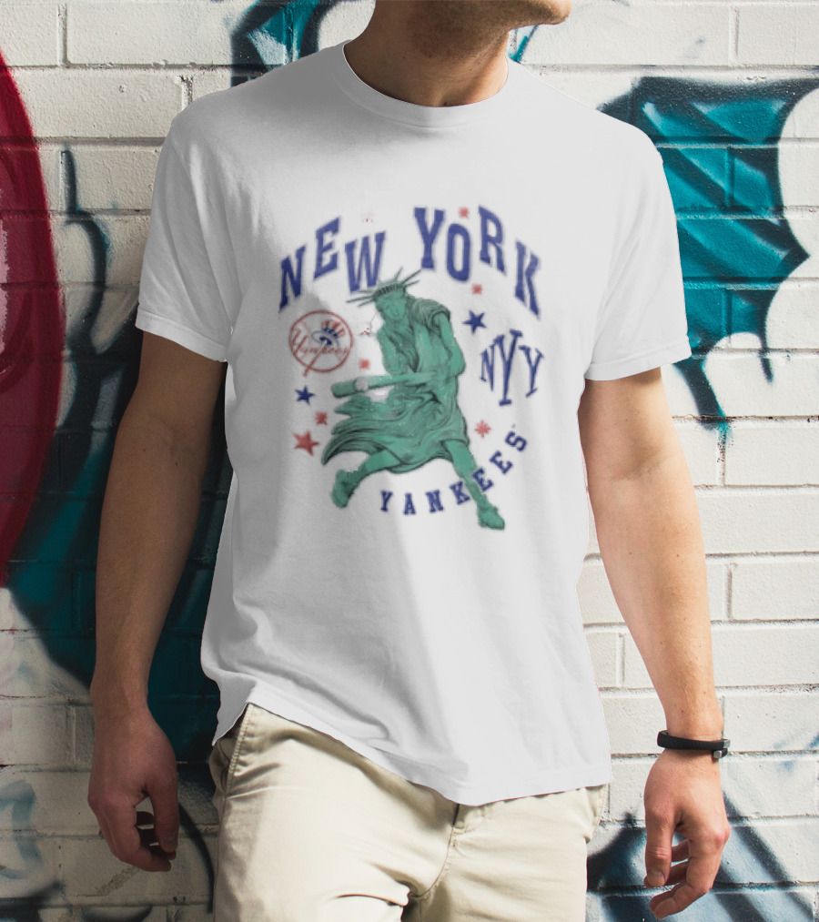 New York Yankees NYY Statue Of Liberty Swinging Baseball Bat MLB Red Stars T-Shirt