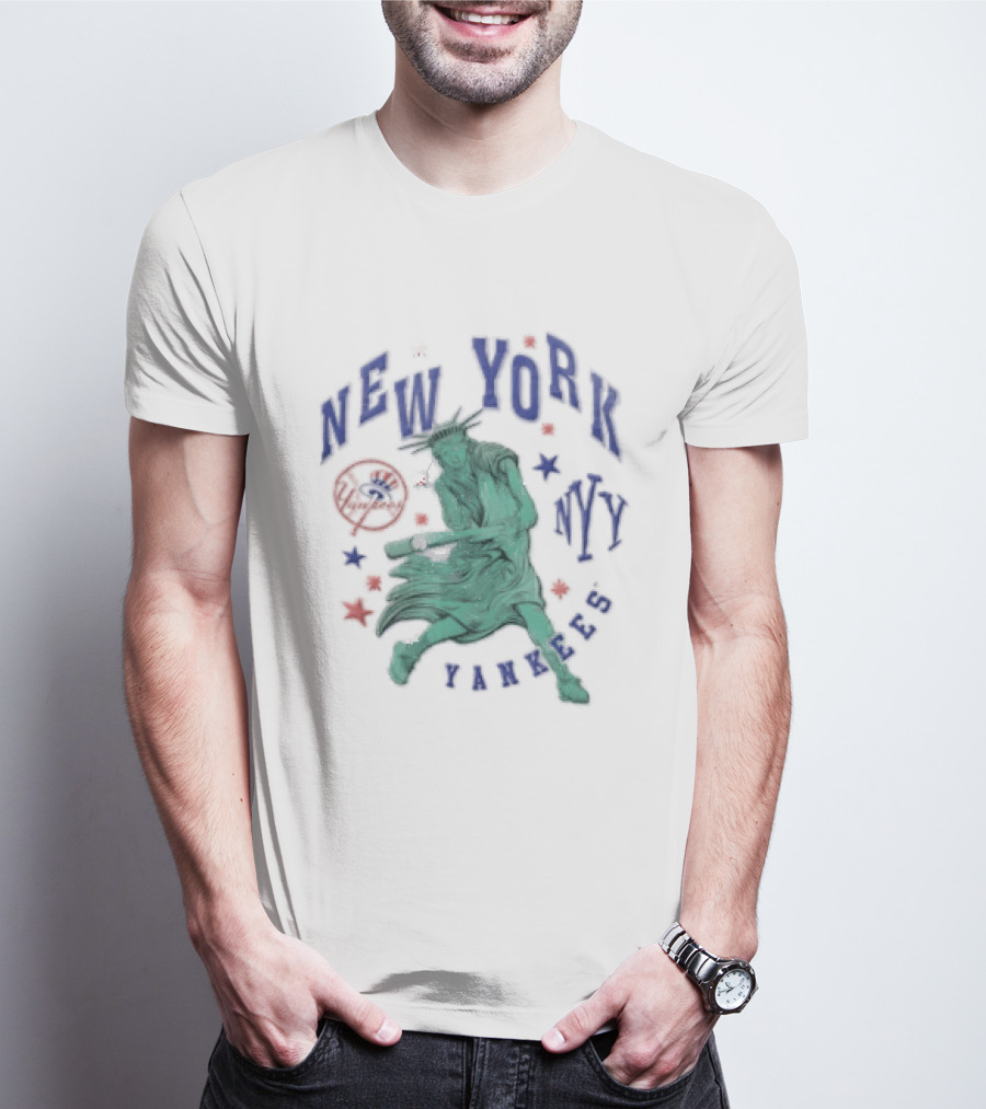 New York Yankees NYY Statue Of Liberty Swinging Baseball Bat MLB Red Stars T-Shirt
