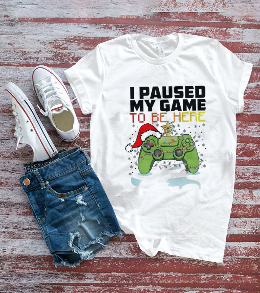 I Paused My Game To Be Here Christmas Gamer Controller Holiday Lights Santa Hat T-Shirt