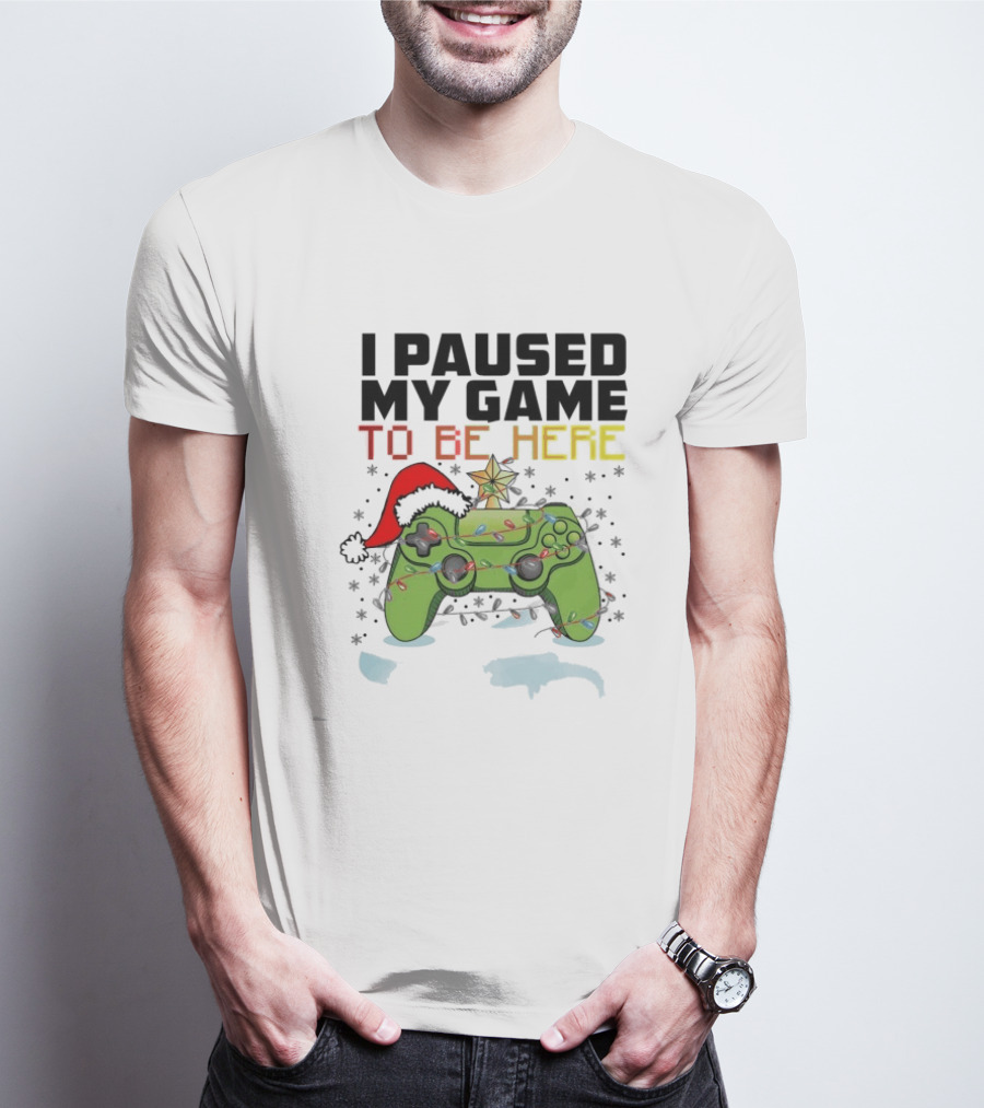 I Paused My Game To Be Here Christmas Gamer Controller Holiday Lights Santa Hat T-Shirt