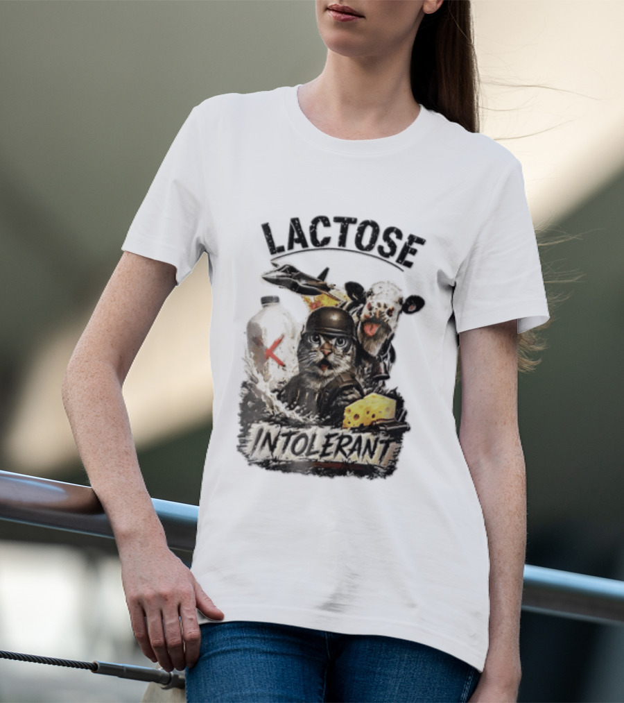 Lactose Intolerant Cat Soldier Cow Milk Cheese Jet T-Shirt