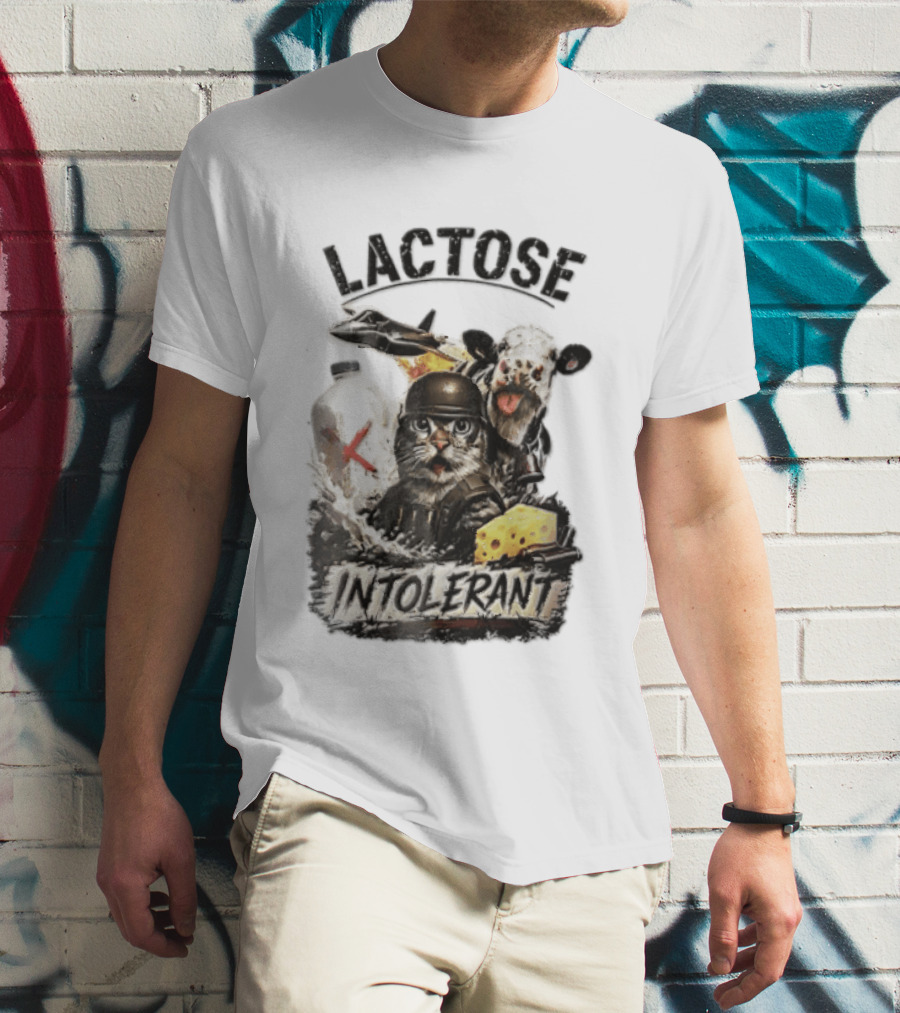 Lactose Intolerant Cat Soldier Cow Milk Cheese Jet T-Shirt