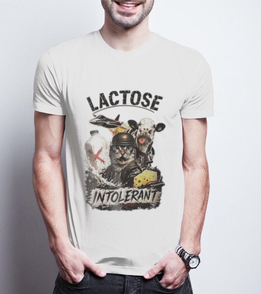 Lactose Intolerant Cat Soldier Cow Milk Cheese Jet T-Shirt