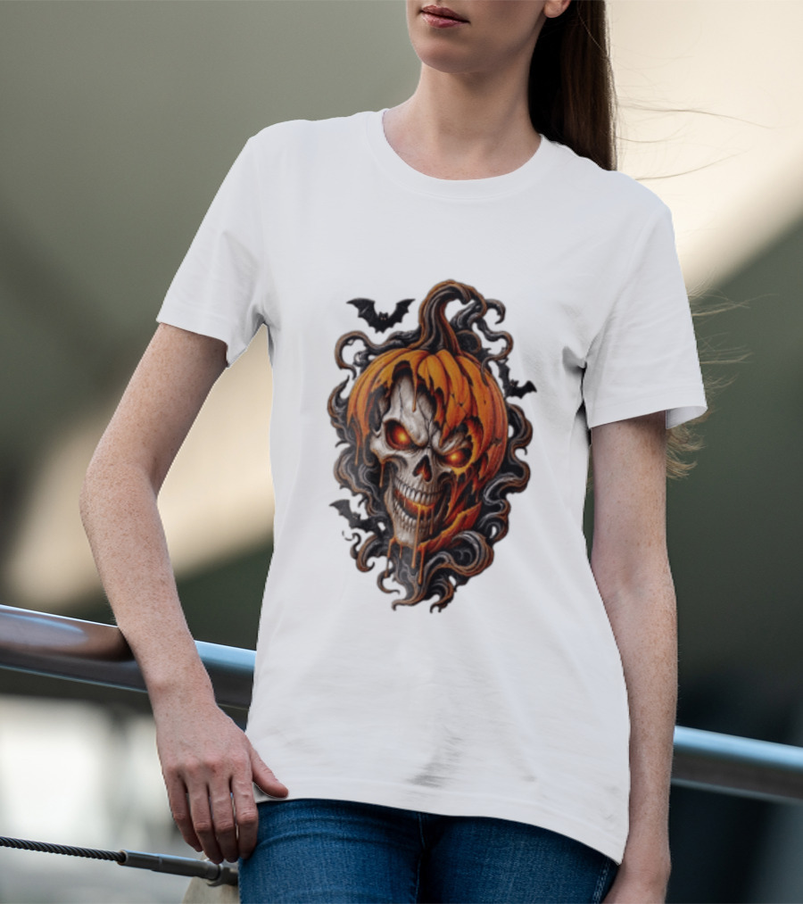 Skull Rage Halloween Pumpkin With Bats And Flames T-Shirt