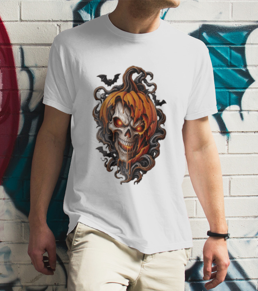 Skull Rage Halloween Pumpkin With Bats And Flames T-Shirt