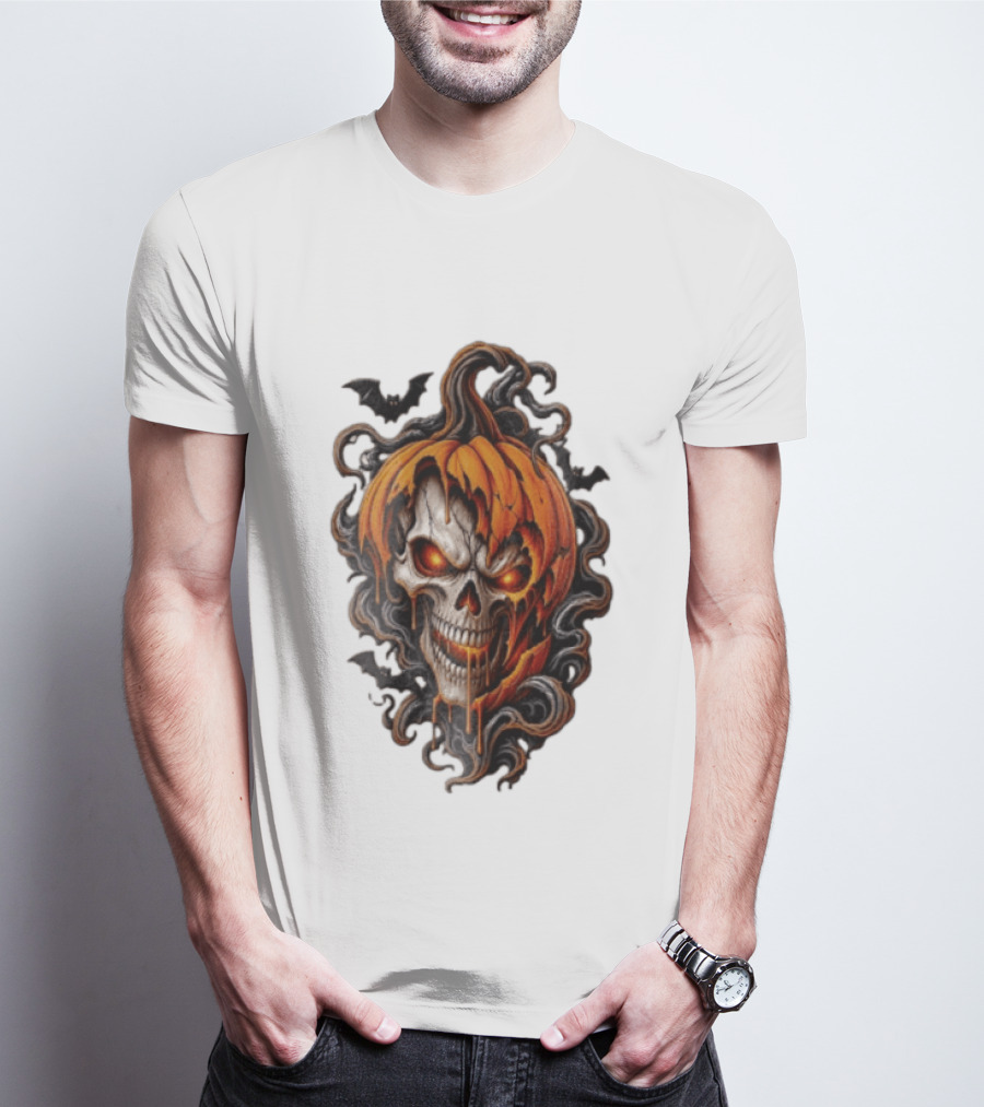 Skull Rage Halloween Pumpkin With Bats And Flames T-Shirt