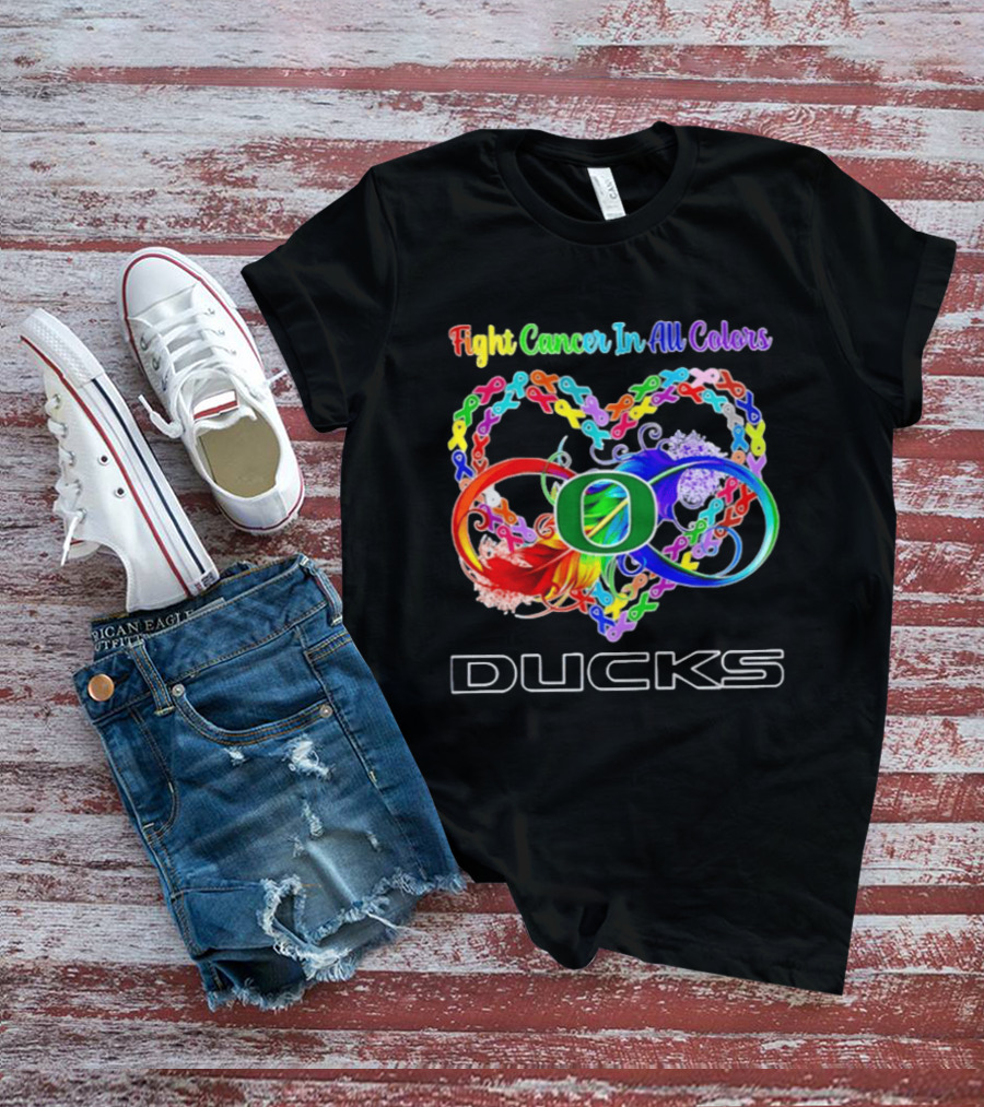 Oregon Ducks Fight Cancer In All Colors All Cancer Awareness Ribbon Heart T-Shirt