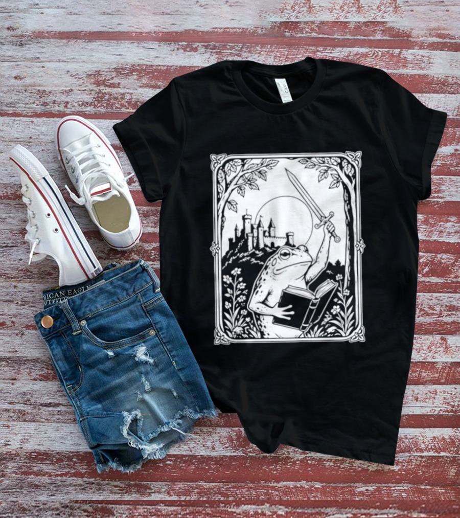 Warrior Frog Reading Book With Sword And Castle In Black And White Scene T-Shirt