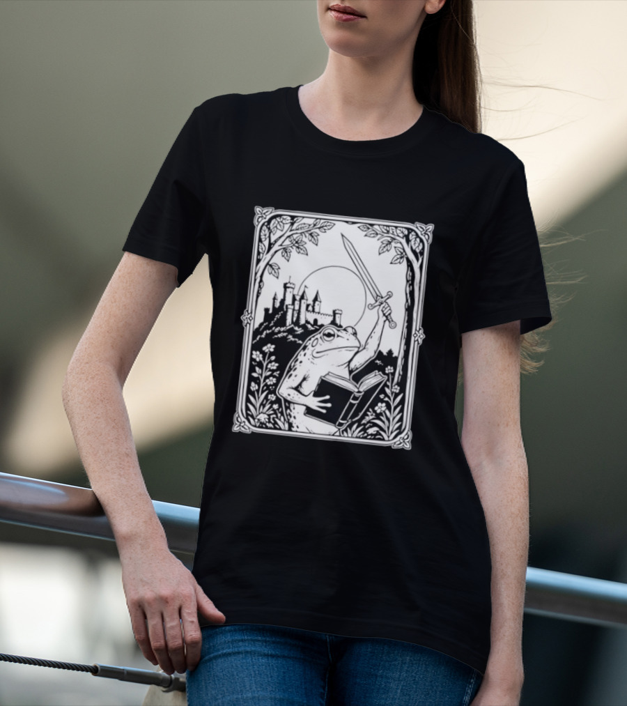 Warrior Frog Reading Book With Sword And Castle In Black And White Scene T-Shirt