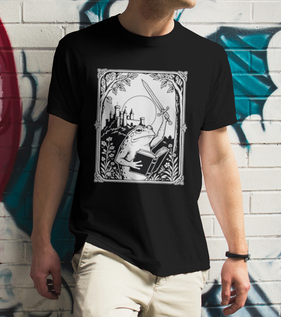 Warrior Frog Reading Book With Sword And Castle In Black And White Scene T-Shirt