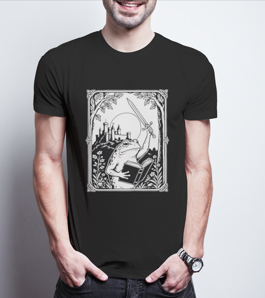 Warrior Frog Reading Book With Sword And Castle In Black And White Scene T-Shirt