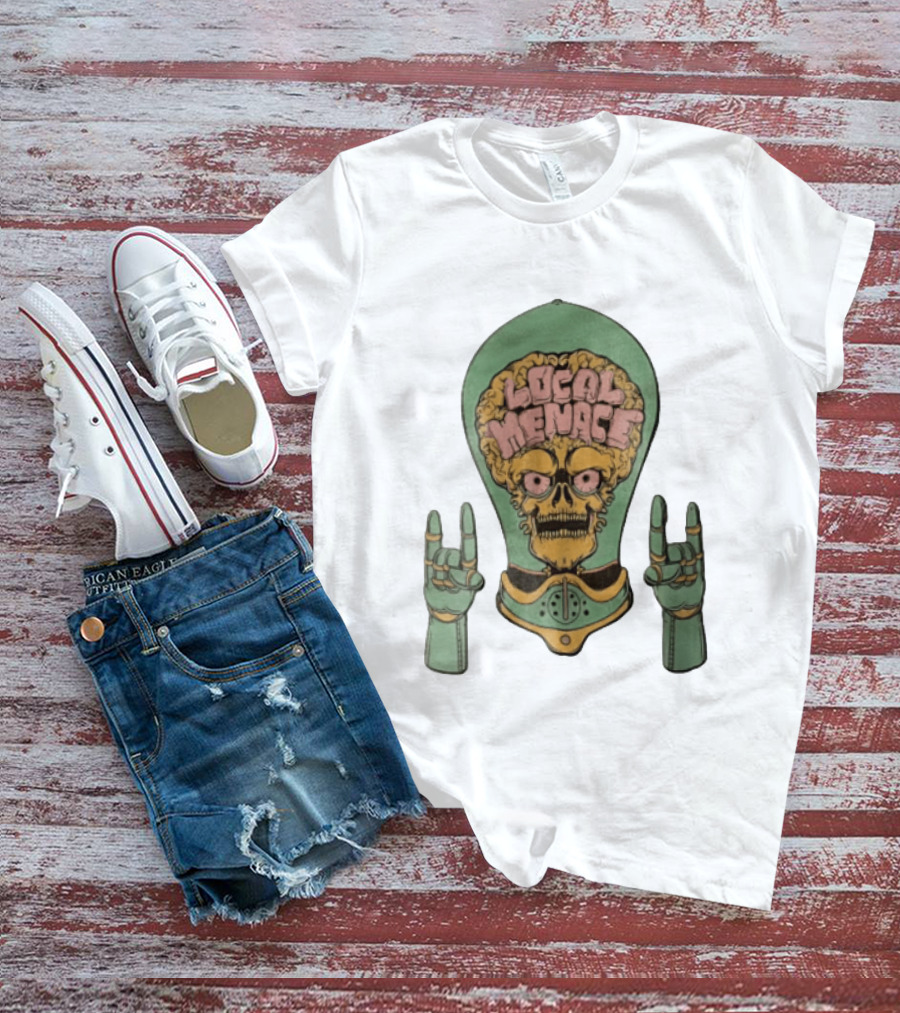 Local Menace Skull Exposed Brain Lightbulb Rock Hand Signs T-Shirt