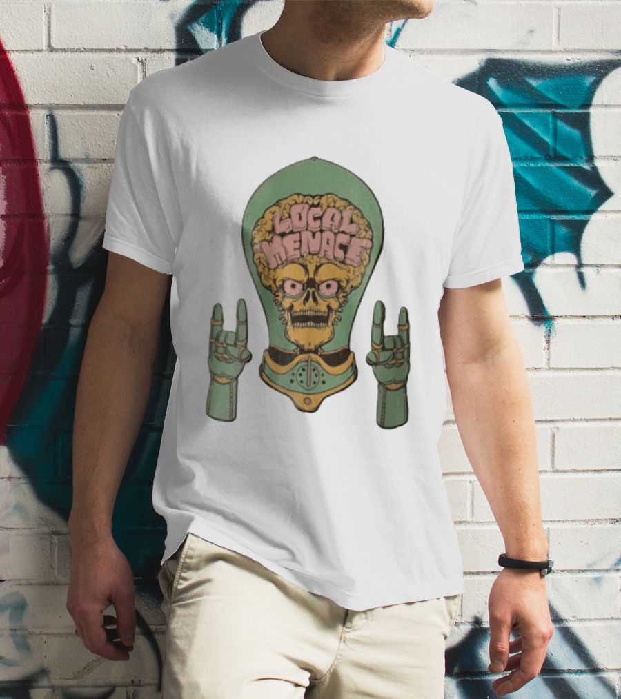 Local Menace Skull Exposed Brain Lightbulb Rock Hand Signs T-Shirt