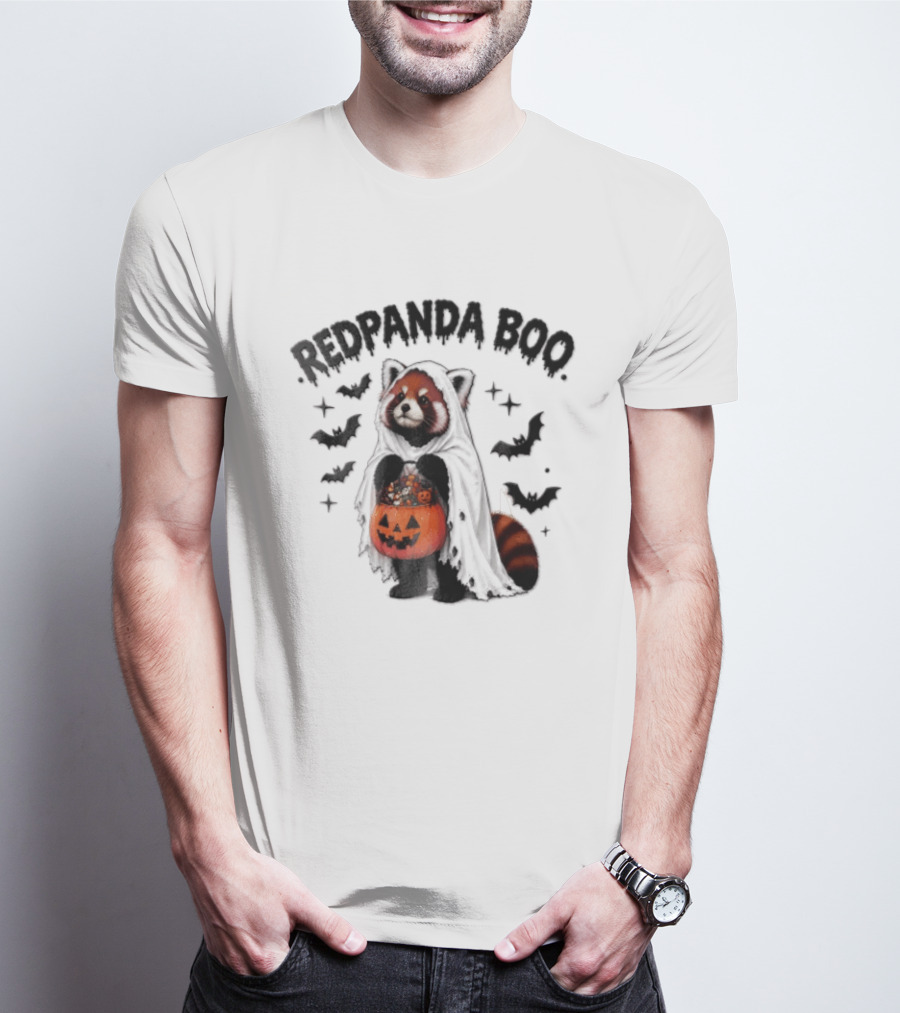 Redpanda Boo Cute Red Panda Costume With Pumpkin Candy Bucket And Bats T-Shirt