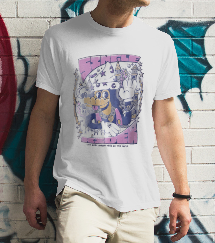 Single Rider Cartoon Dog Wizard With Hat And Spiked Collar Retro Fantasy Scene T-Shirt