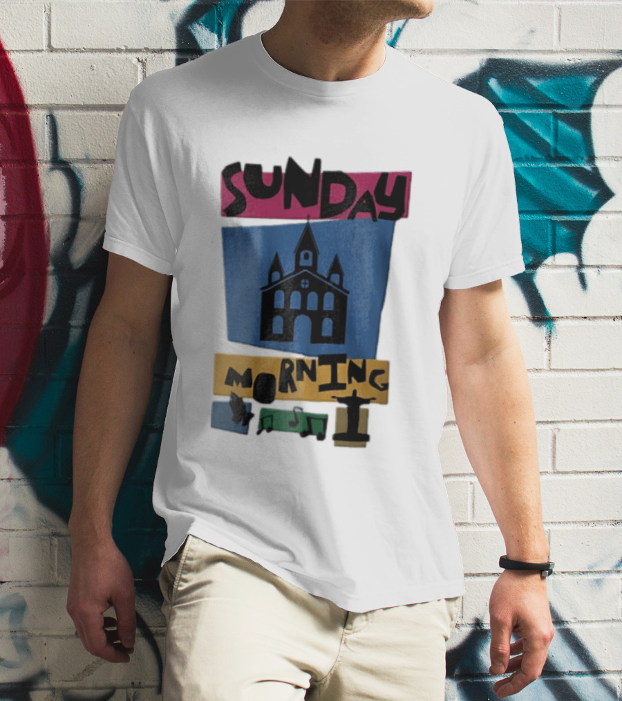 Sunday Morning Church Building Praying Hands Musical Notes Christ The Redeemer T-Shirt