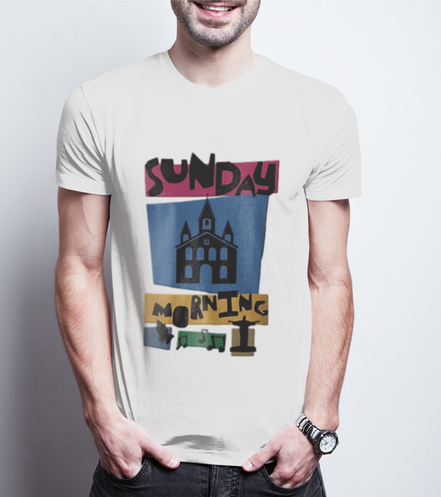 Sunday Morning Church Building Praying Hands Musical Notes Christ The Redeemer T-Shirt