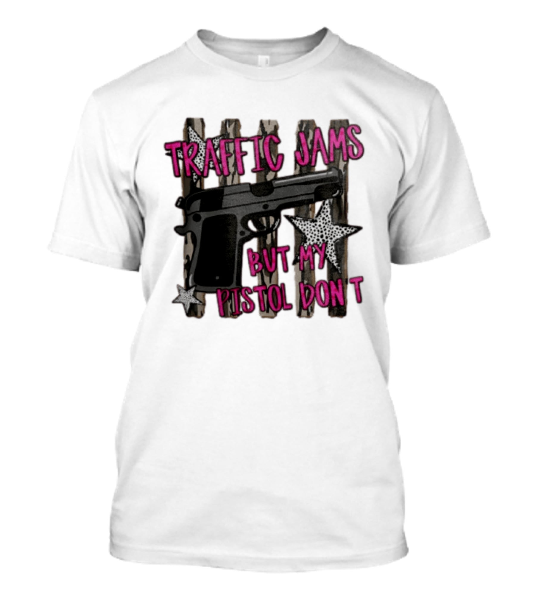 Traffic Jams But My Pistol Don't Handgun Over Stripes Leopard T-Shirt