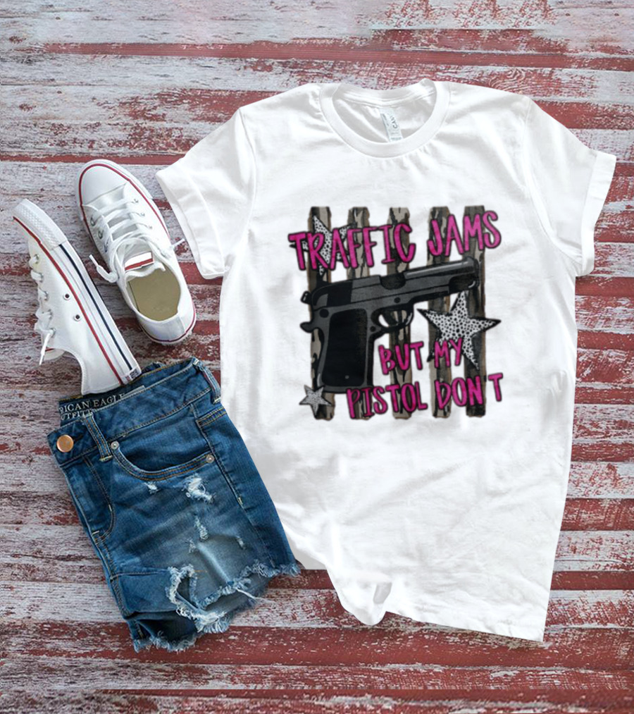 Traffic Jams But My Pistol Don't Handgun Over Stripes Leopard T-Shirt