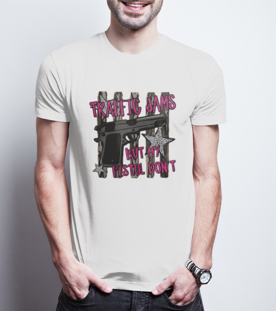 Traffic Jams But My Pistol Don't Handgun Over Stripes Leopard T-Shirt